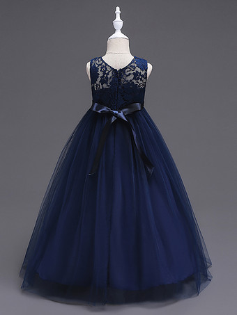 フラワーガールドレスジュエルネックノースリーブフロアレングスボウフォーマルキッズページェントパーティードレス