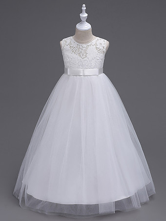 ホワイトフラワーガールドレスジュエルネックノースリーブフロアレングスボウフォーマルキッズページェントパーティードレス