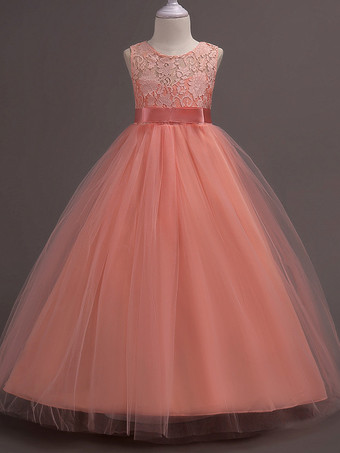 ピンクフラワーガールドレスジュエルネックノースリーブフロアレングスボウフォーマルキッズページェントパーティードレス