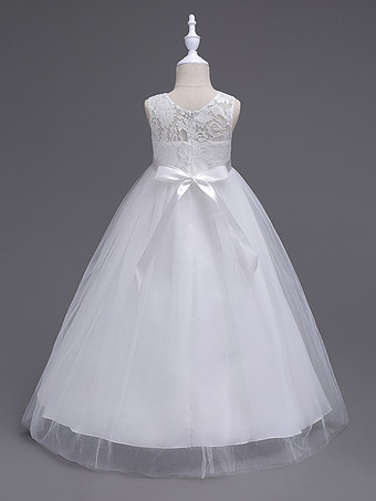 フラワーガールドレスジュエルネックノースリーブフロアレングスボウフォーマルキッズページェントパーティードレス