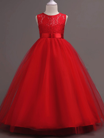 レッドフラワーガールドレスジュエルネックノースリーブフロアレングスボウフォーマルキッズページェントパーティードレス