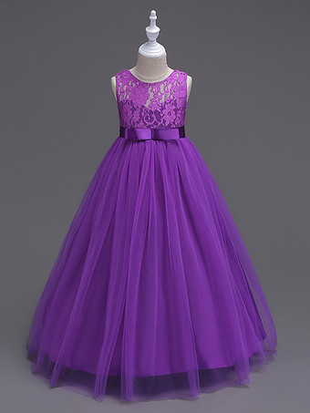 プラムフラワーガールドレスジュエルネックノースリーブフロアレングスボウフォーマルキッズページェントパーティードレス