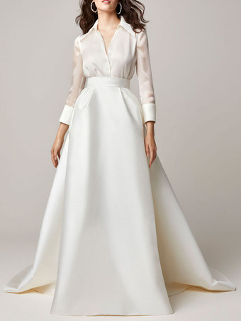 Ivory Two-piece Wedding Dress Satin Fabric V-Neck A-Line With Train Zipper Long Sleeves Bridal Outfits Free Customization