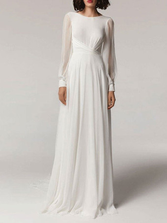 Schlichtes Brautkleid lang Chiffon und Reißverschluss A-Linie- elfenbeinfarbe Standesamtkleid