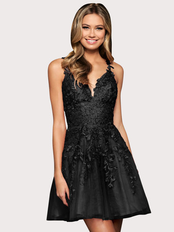 ブラックホームカミングドレス2025ノースリーブショートAラインVネックレースポリエステルライトブルーパーティードレス