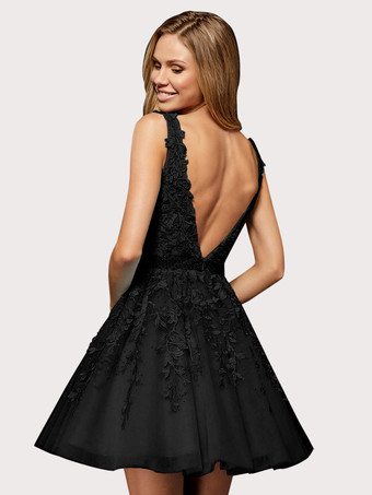 ホームカミングドレス2025ノースリーブバックレスレースポリエステルショートAラインVネックサッシュライトブルーパーティードレス