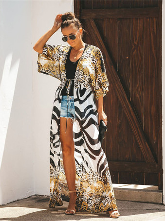 女性カバーアップヒョウ柄レースアップ半袖結び目夏のビーチ水着