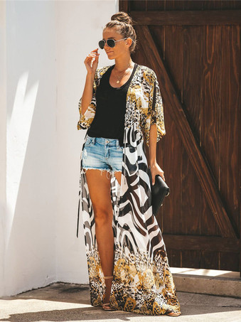 女性カバーアップヒョウ柄レースアップ半袖結び目夏のビーチ水着