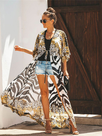 女性カバーアップヒョウ柄レースアップ半袖結び目夏のビーチ水着