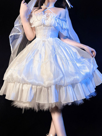 Sweet Lolita Kleid Weißes Polyester Kurze Ärmel Schnüren Rüschen Spitzenschleifen Tea Party Lolita Kleid