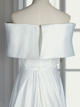 ビンテージのウェディングドレスオフショルダー半袖自然ウエストサテン生地電車ブライダルドレス付き