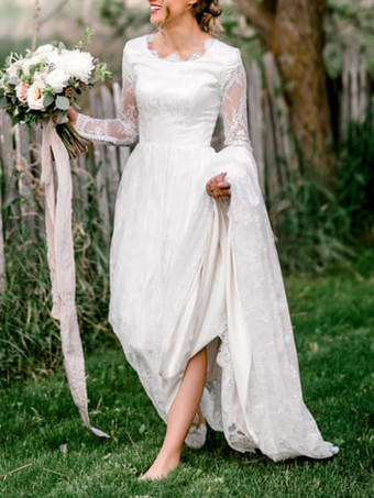 トレインAラインジュエルネックレースアップ長袖レースブライダルガウンとアイボリーのシンプルなウェディングドレス