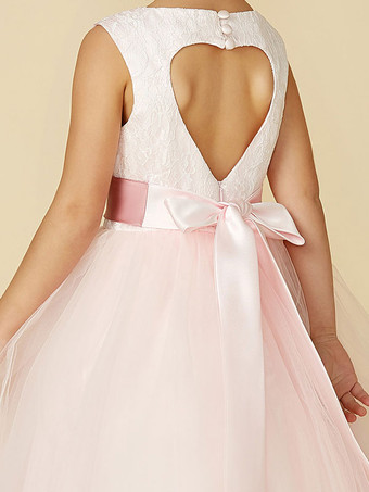 フラワーガールドレスジュエルネックノースリーブボタンフォーマルアイボリーキッズチュールページェントドレス