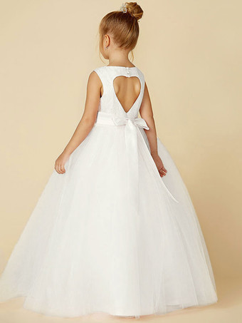 アイボリーフラワーガールドレスジュエルネックノースリーブボタンフォーマルアイボリーキッズチュールページェントドレス