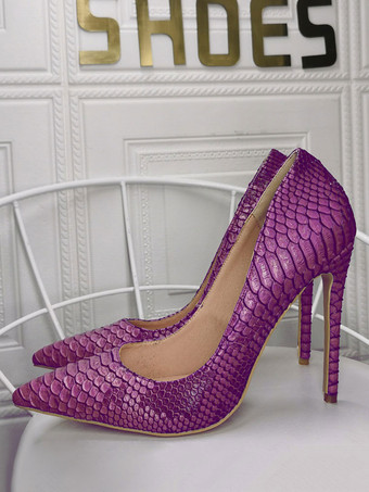 レディースパープルパイソンスティレットヒールポインテッドトゥハイヒールパンプス