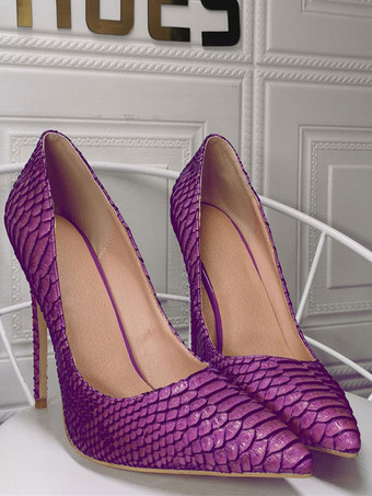 レディースパープルパイソンスティレットヒールポインテッドトゥハイヒールパンプス