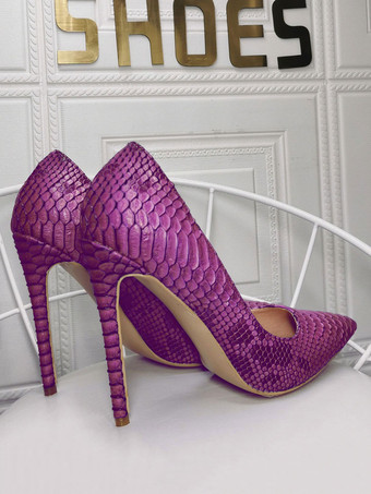 レディースパープルパイソンスティレットヒールポインテッドトゥハイヒールパンプス
