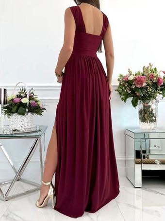 クロスオーバー マキシ ドレス ノースリーブ バックレス プリーツ スリット プロムドレス