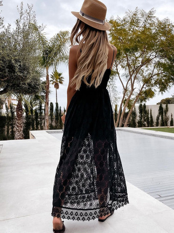 ボヘミアンドレス ストラップ Vネック サマーロングロンパードレス女性 カットアウト レース