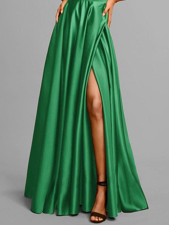 グリーン イブニングドレス Aライン Vネック 弾性シルクのようなサテン マキシレングス フロントスプリット ソーシャルページェントドレス