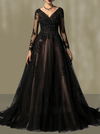 Robe de mariée noir robe de mariage gothique col V manche longue décoré des pailletes dos nu boutonné sur dos à traîne