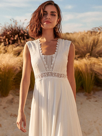 ボヘミアンウェディングドレスシフォンAラインをカットナチュラルウエストバックレスノースリーブVネックアイボリー