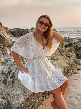 ボヘミアンドレス レース Vネック バットウィング ホワイト フレア ミニドレス レディース