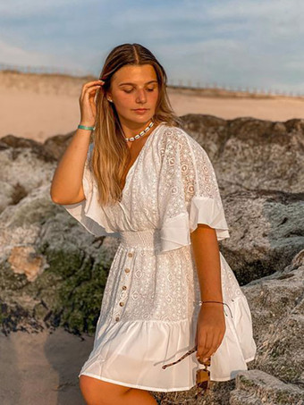 ボヘミアンドレス レース Vネック バットウィング ホワイト フレア ミニドレス レディース