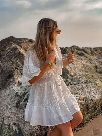 ボヘミアンドレス レース Vネック バットウィング ホワイト フレア ミニドレス レディース