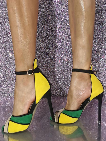 ハイヒールサンダル　2025　グリーン　ピープトウ　アンクルストラップ　サンダルシューズ　レディースシューズ