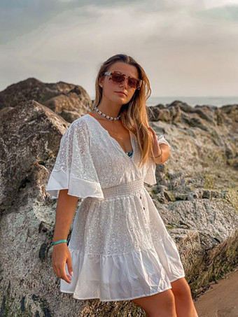 ボヘミアンドレス レース Vネック バットウィング ホワイト フレア ミニドレス レディース