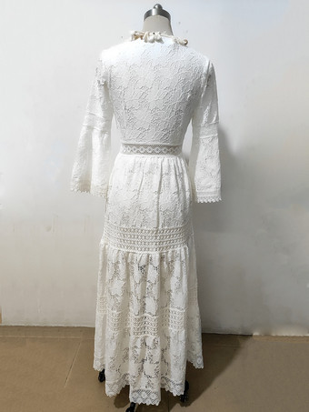 Robe Longue Femme avec Manches Longues Volantes Coupe Cintrée Bas Evasée Unicolore