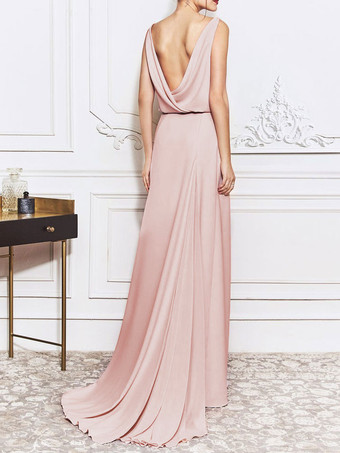 ピンクのイブニングドレスA ラインジュエルネックバックレスフォーマルドレス結婚式のゲストドレス無料カスタマイズ