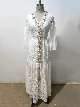 Robe Longue Femme avec Manches Longues Volantes Coupe Cintrée Bas Evasée Unicolore