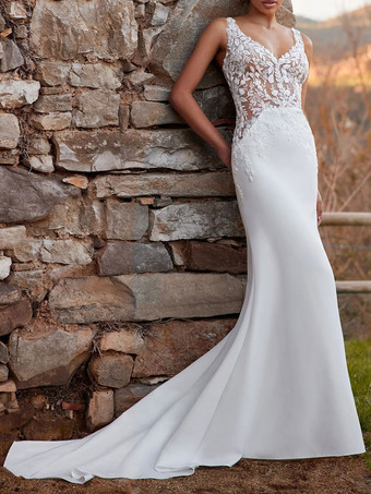 Wedding Bridal Gowns V-Neck Sleeveless Lace With Train Bridal Dresses Free Customization
