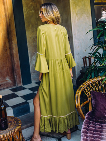 ボヘミアンワンピース 七分袖 マキシワンピース Vネック グリーン コットン 花柄 マキシ 丈 レディースファッション フィールド レディースワンピース