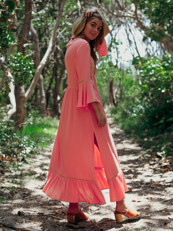 ボヘミアンワンピース 七分袖 マキシワンピース Vネック グリーン コットン 花柄 マキシ 丈 レディースファッション フィールド レディースワンピース