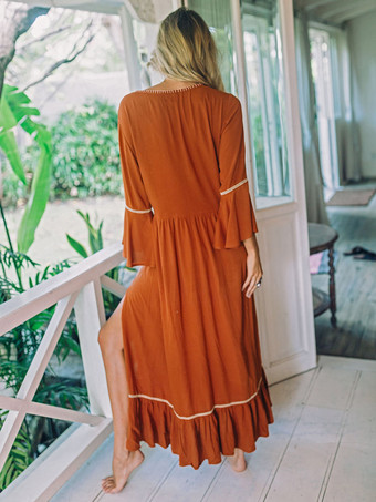 ボヘミアンワンピース 七分袖 マキシワンピース Vネック グリーン コットン 花柄 マキシ 丈 レディースファッション フィールド レディースワンピース