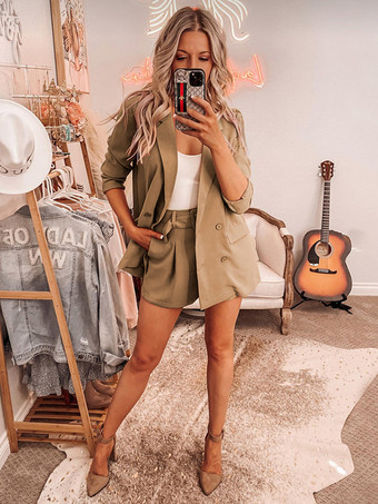 Two Piece Suit Sage Solid Color Set Classic Blazer Jacket Belt Short Pants Turndown Collar Spring Fall Outfit For Women
