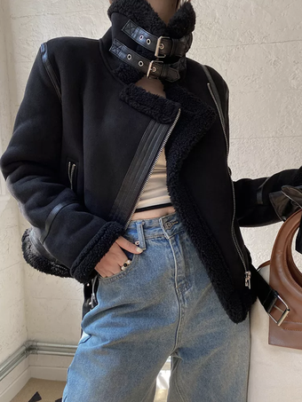 ブラック スエード ジャケット フェイク ムートン ウィンター コートアウターウェア レディース