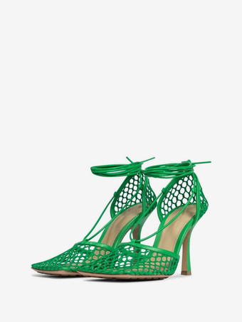 Green Mesh Heels Lace Up Stiletto Heel Sandals Square Toe