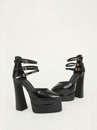 Escarpins à plateforme pour femmes Rouge Bout pointu Fermeture à boucle Bride à la cheville Talons hauts bloc