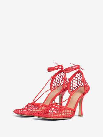 レッド グリーン メッシュヒール レースアップ スティレットヒール サンダル スクエアトゥ