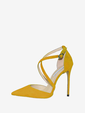 イエローハイヒール ポインテッドトゥ パンプス マイクロスエード パープル 10cm クリスクロス ピンヒール シューズ 無地 セクシーシューズ 結婚式 二次会 通勤用 仕事 キャバ 卒園式 卒園式 レディース靴