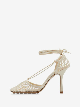 ホワイト グリーン メッシュヒール レースアップ スティレットヒール サンダル スクエアトゥ