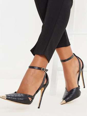 Women Pumps Pointed Toe Stiletto Heel Elegant Black Ankle Strap Heels