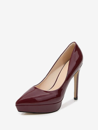 バーガンディーハイヒール ポインテッドトゥ スティレットヒール PUレザー スリップオン プラスサイズ 女性 ブラック