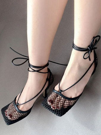 ブラック グリーン メッシュヒール レースアップ スティレットヒール サンダル スクエアトゥ