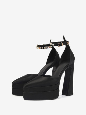 Black High Black Wedding Heels Pointed Toe Chunky Platform Heel Satin Prom Shoes