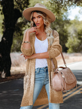 Knitted Cardigan Khaki Ombre Long Sleeves Open Front Casual Relaxed Fit Spring Fall Midi Outerwear For Women